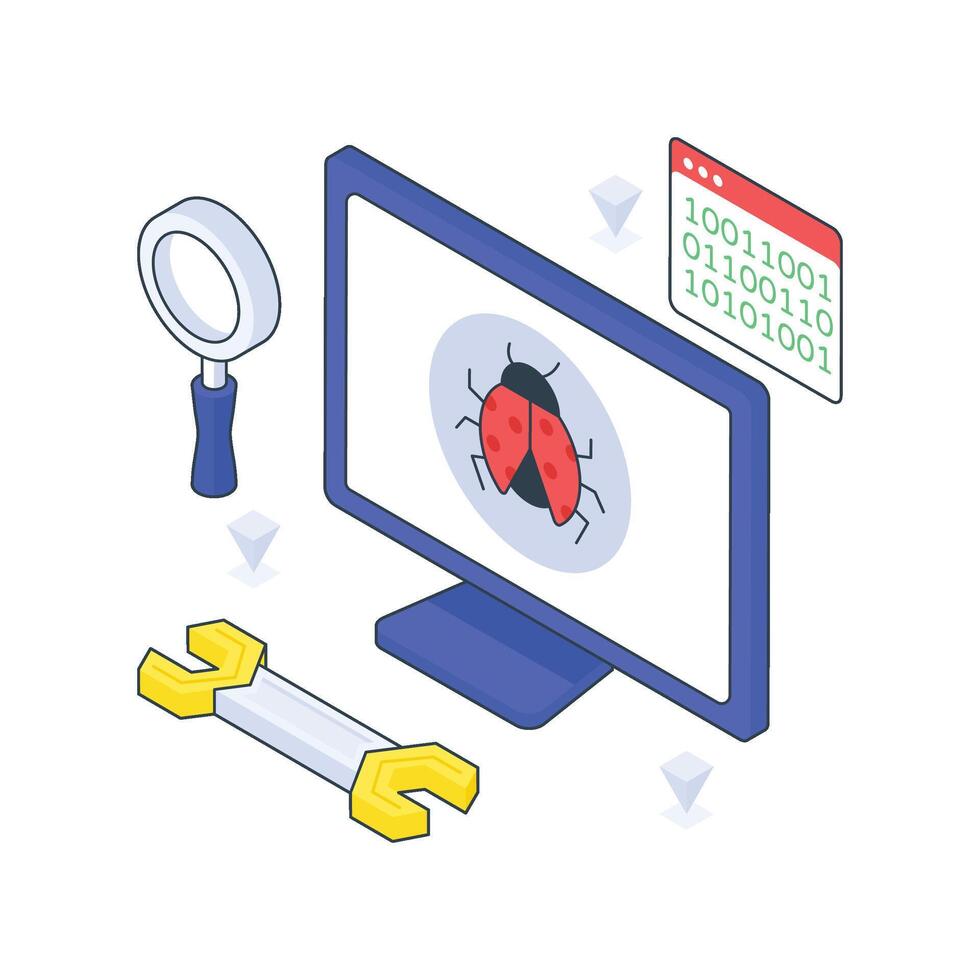 Bug Fixing isometric Colored illustration. vector