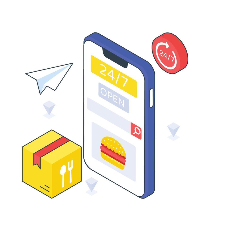 24 Hours Food Delivery isometric Colored illustration vector