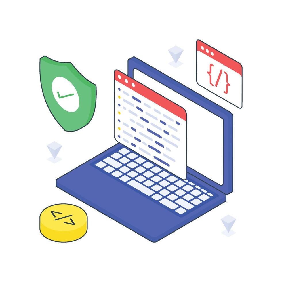 Secure coding isometric Colored illustration. vector