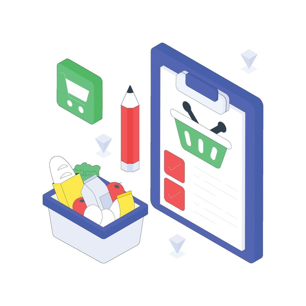 Grocery List isometric Colored illustration. vector