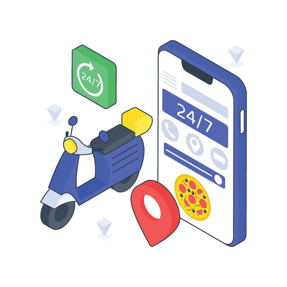 24 Hour Fast Food Delivery isometric Colored illustration vector