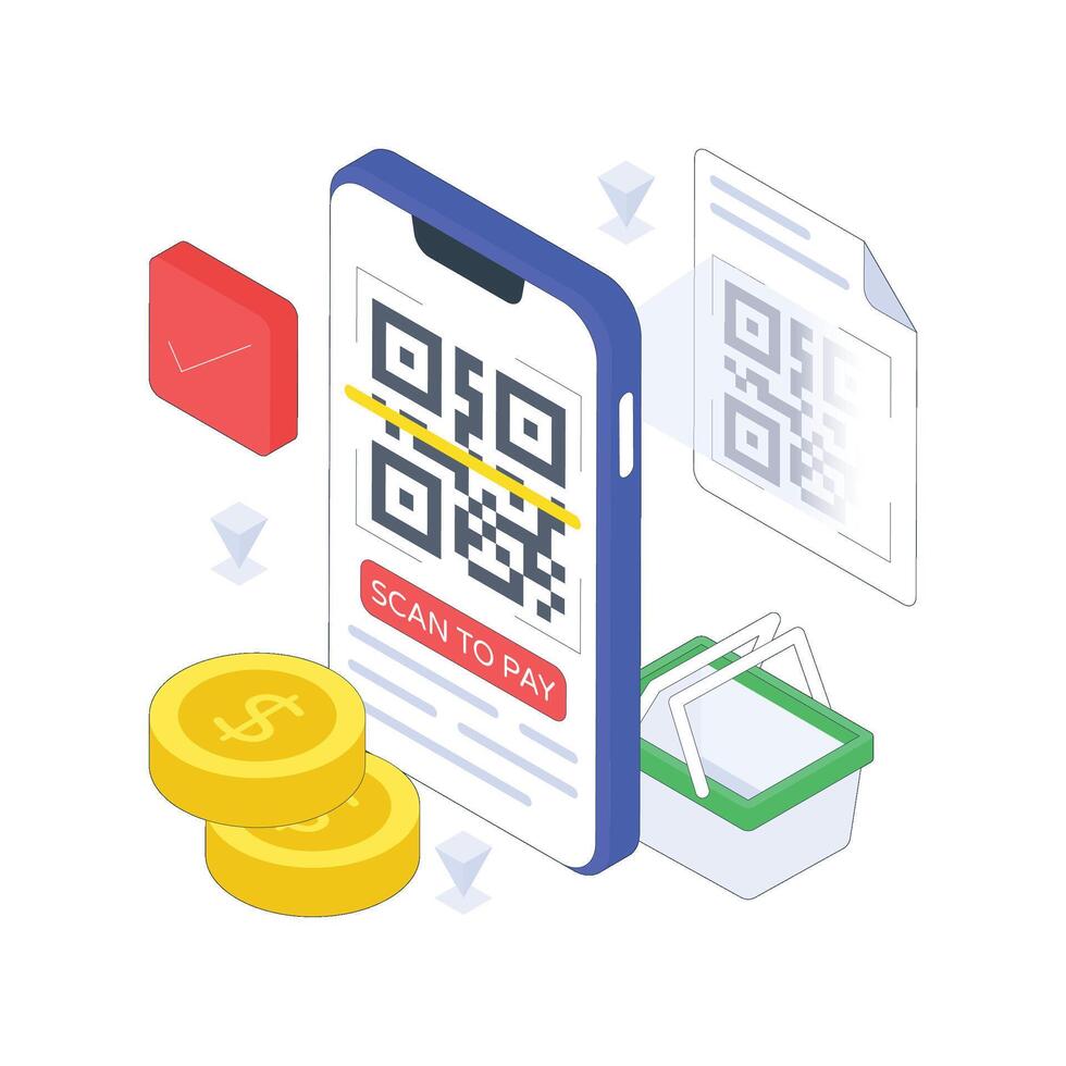 Qr Shopping Payment isometric Colored illustration. vector
