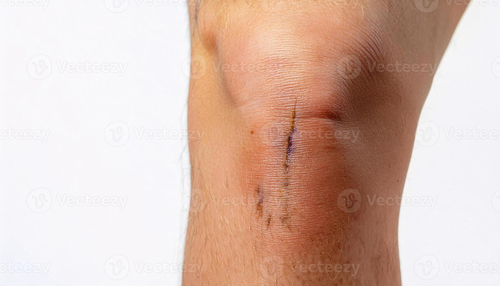 macro image of a scar on the knee caused by a skateboarding accident, showing detailed healing and faint scar discoloration in isolated white background photo