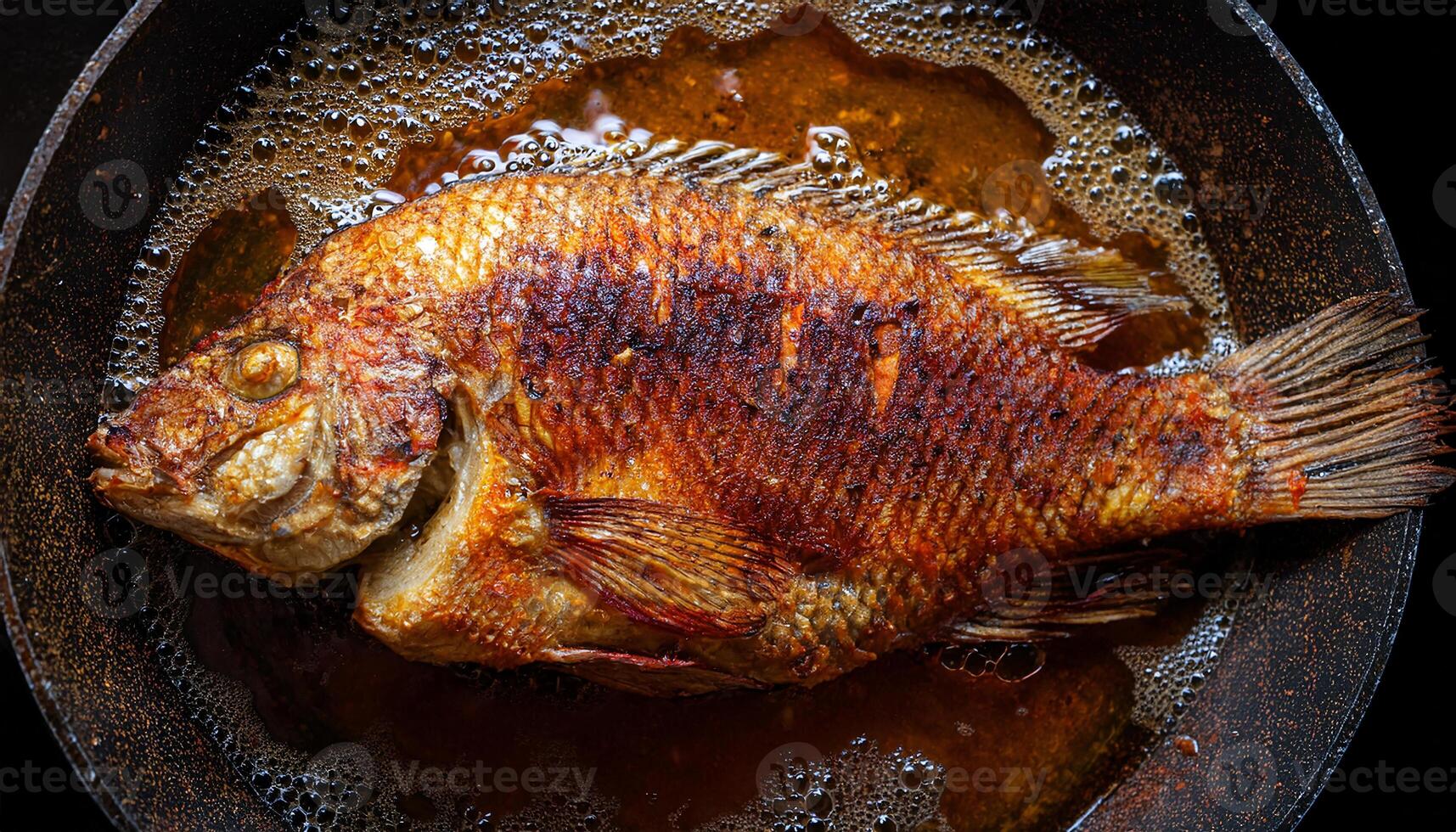 top view of a whole tilapia fish frying in sizzling hot oil with golden crust and crispy texture details photo