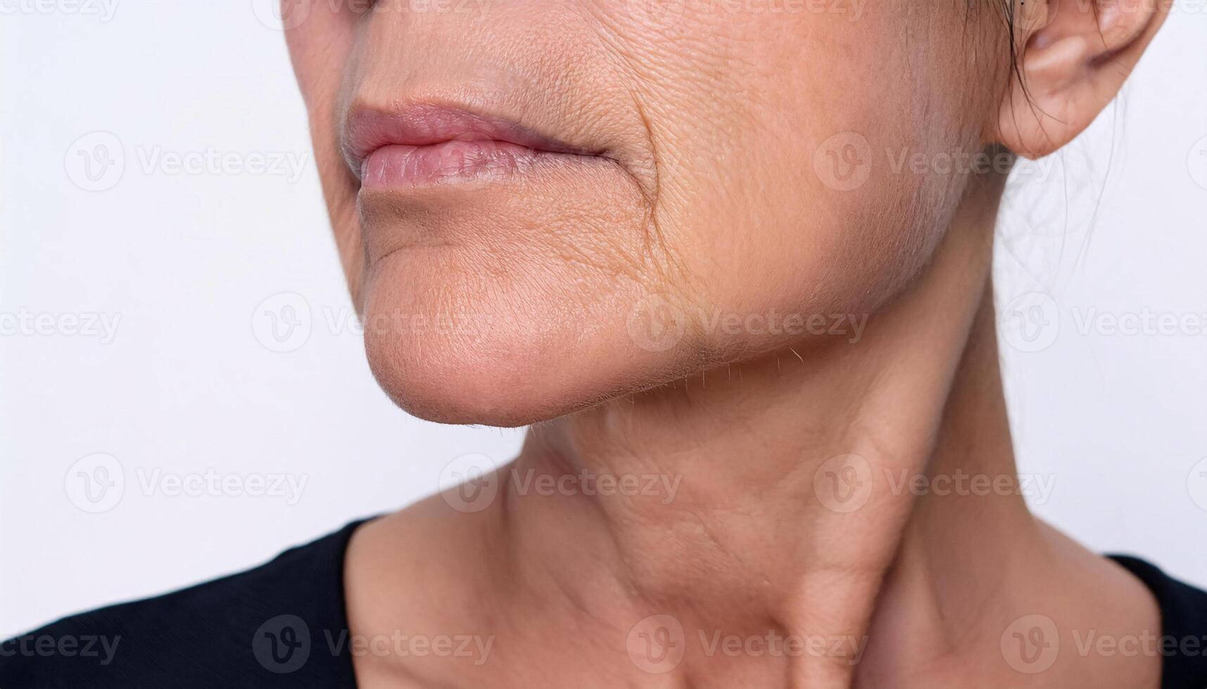 Detailed view of a wrinkled chin and jawline area, showing uneven texture and slight sagging in isolated white background photo