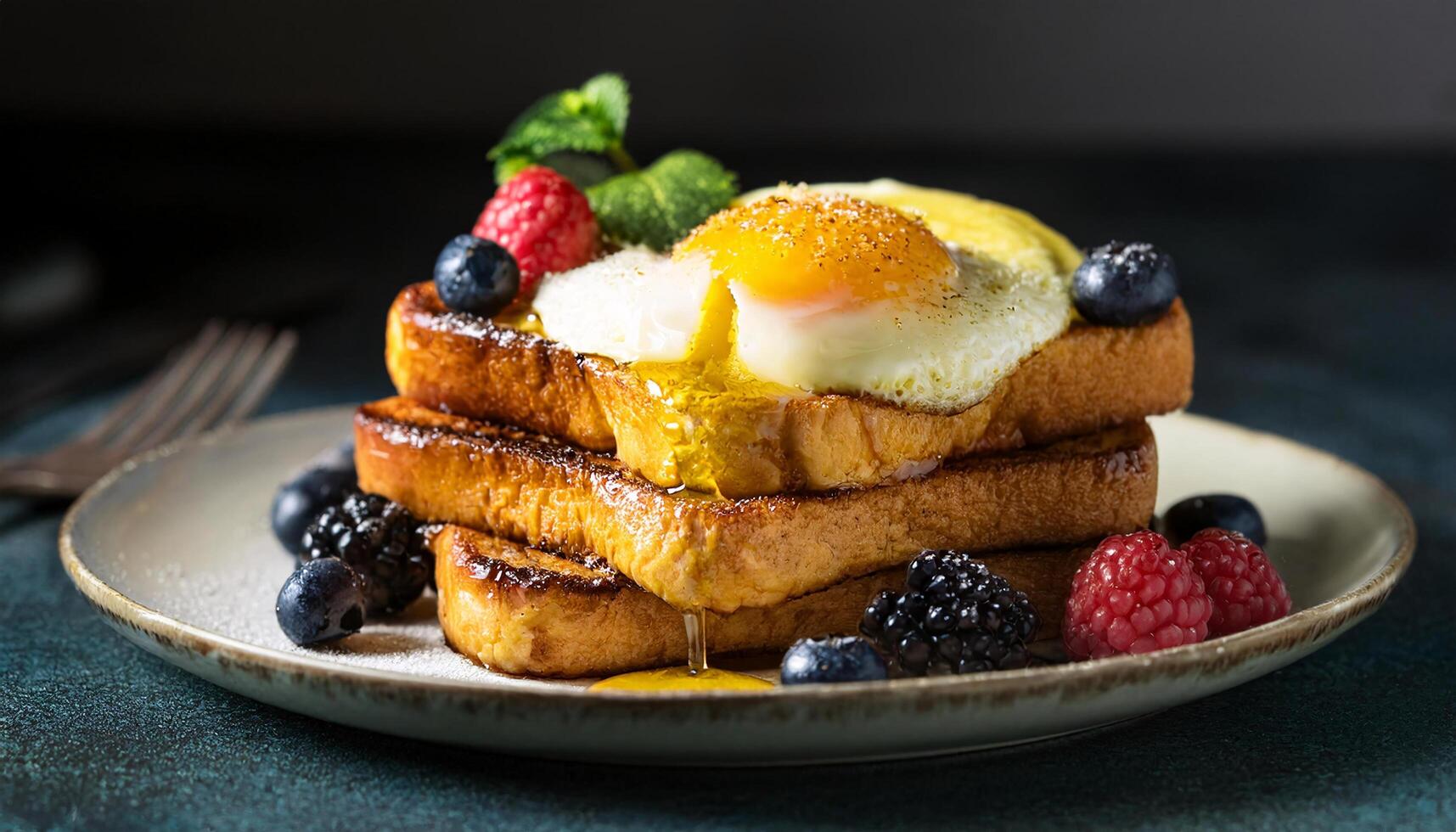 golden french toast stacked and topped with a fried egg and fresh mixed berries on a ceramic plate photo