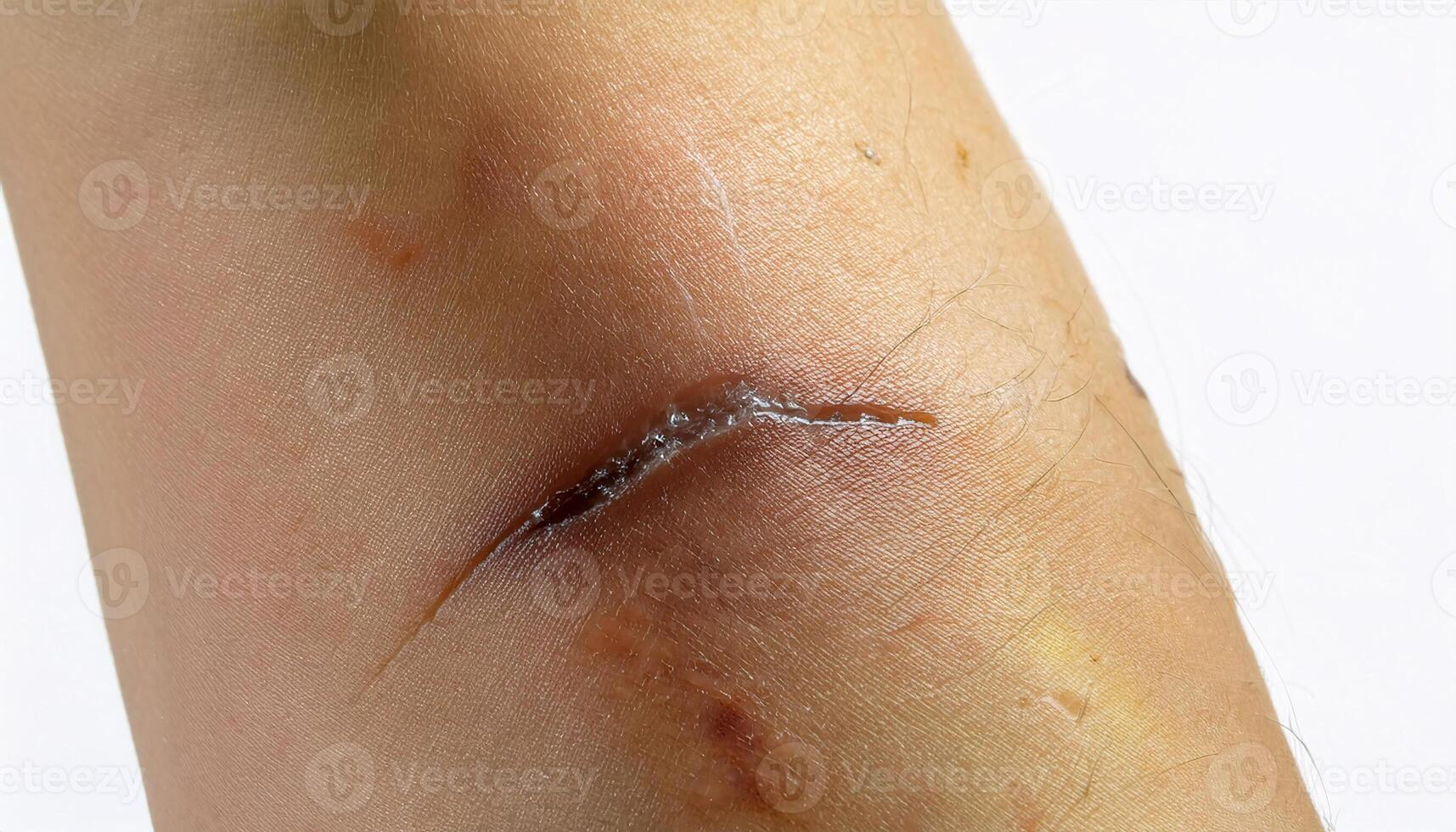 macro shot of a scar on the forearm caused by falling off a scooter, displaying healed tissue with slight discoloration and fine texture in isolated white background photo