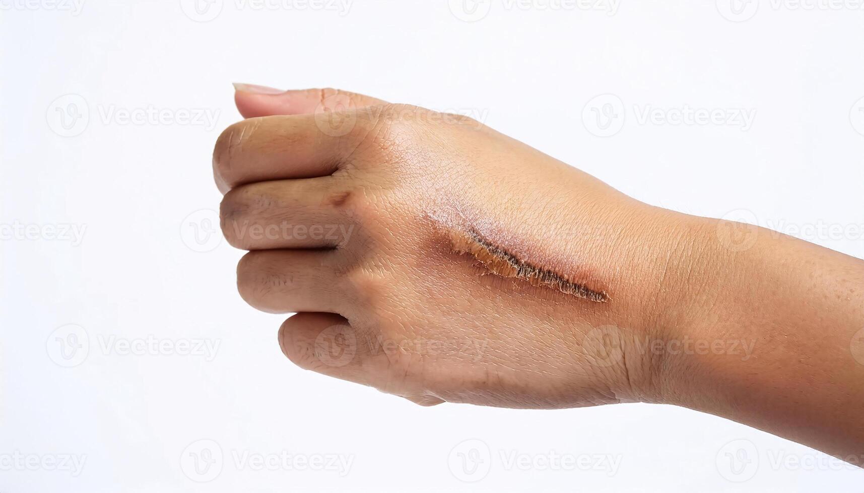 close-up of a scar from a grill burn on the wrist, highlighting wrinkled skin texture and healing marks in isolated white background photo