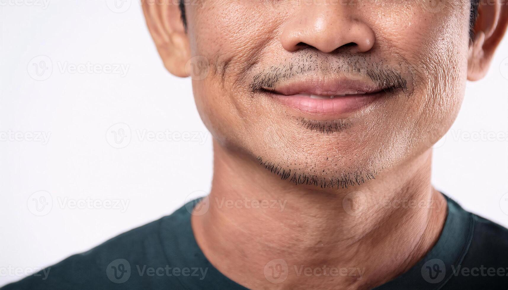 close-up of smile lines etched deeply into the skin with visible wrinkles and aged tone in isolated white background photo