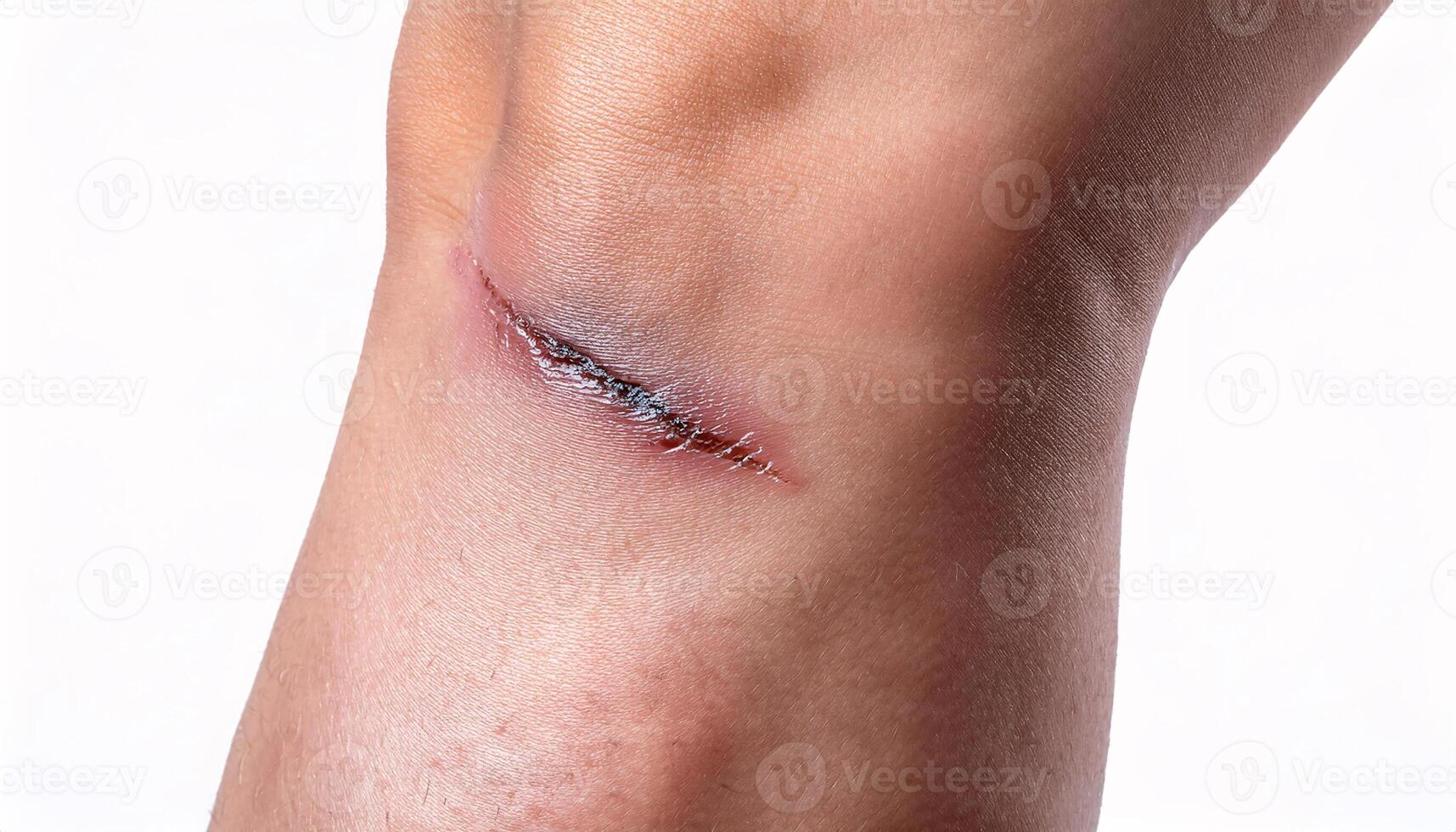Macro view of a fresh scar on the shin from falling on concrete, isolated white background photo