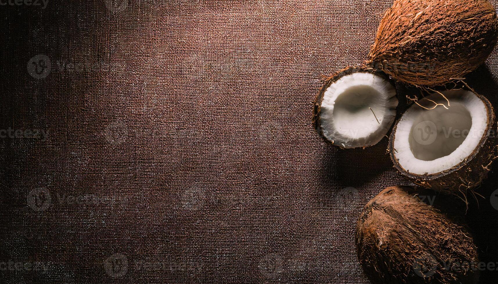 top-down view of fresh coconuts with one halved showing white flesh placed on a textured brown background, tropical fruit concept emphasizing natural texture and earth tones photo