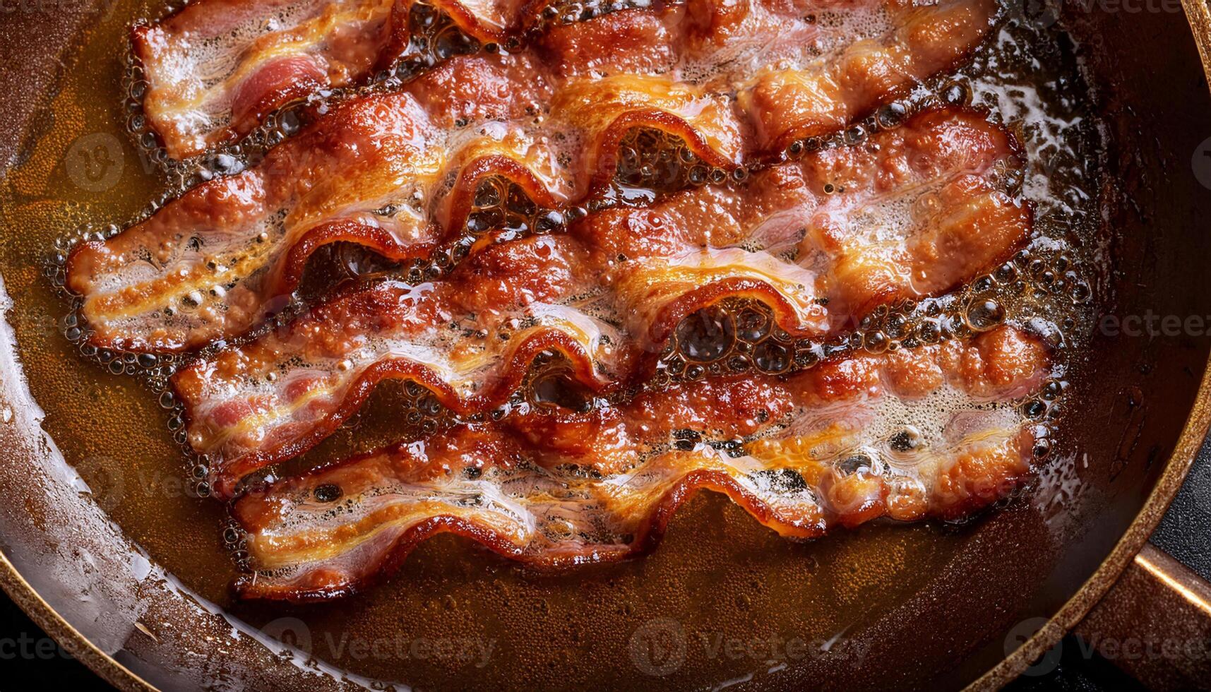 top view of sizzling crispy bacon strips frying in hot oil with curling edges and golden textures photo