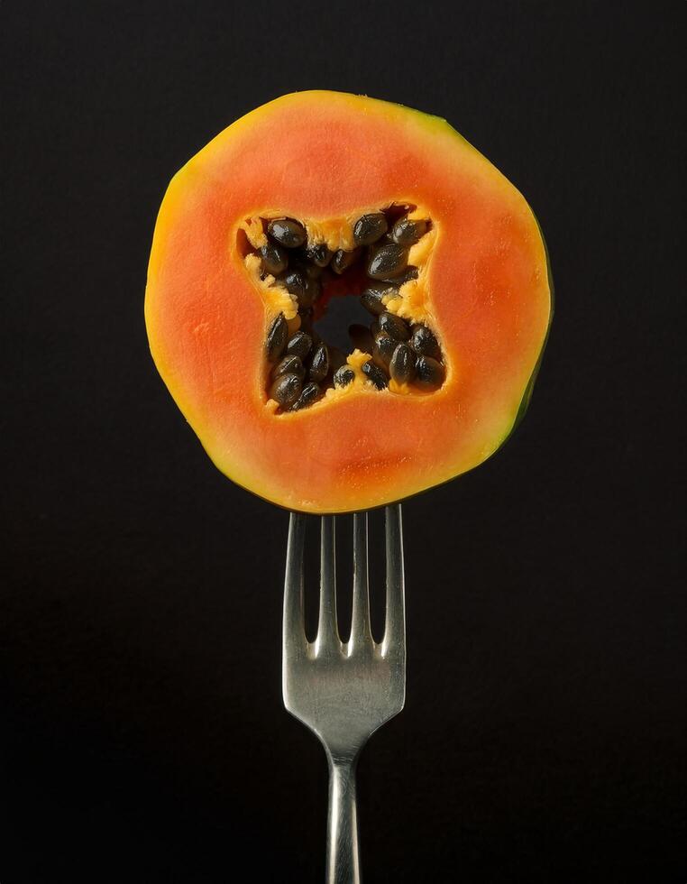 high-resolution photo of a juicy round papaya cross-section with seeds on a sleek two-prong fork against a black background showcasing vibrant orange and green tones