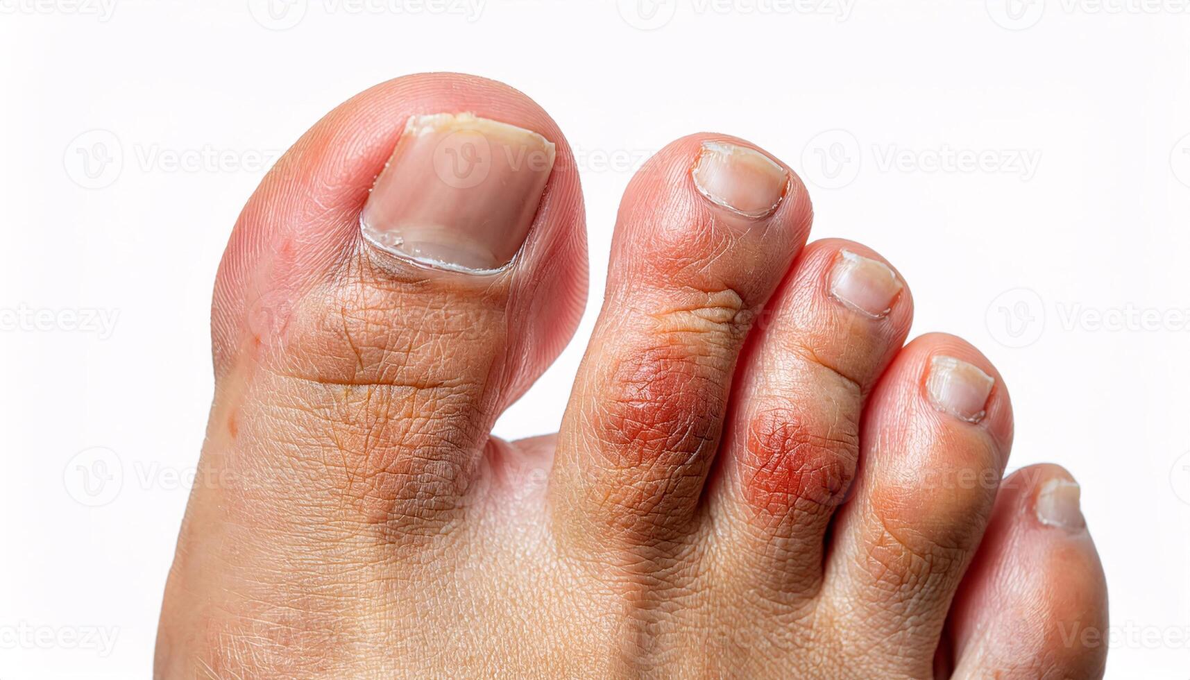 close-up of athlete's foot with visible redness, scaling, and irritation on the toes, showing fungal infection symptoms on isolated white background for medical and educational purposes photo