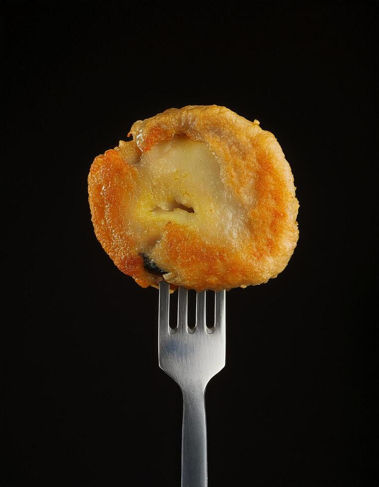 crispy fried mussel pancake slice with golden crust on a sleek fork showcasing tender interior and rich seafood flavor against a dark background photo