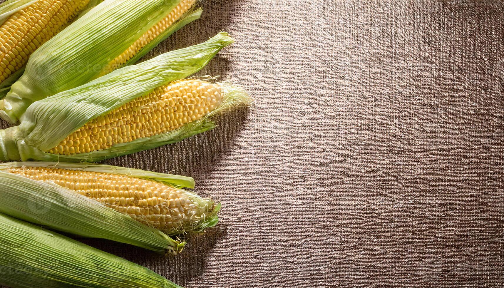 fresh golden corn cobs with green husks on rustic textured fabric background ideal for organic food themes and healthy lifestyle concepts photo