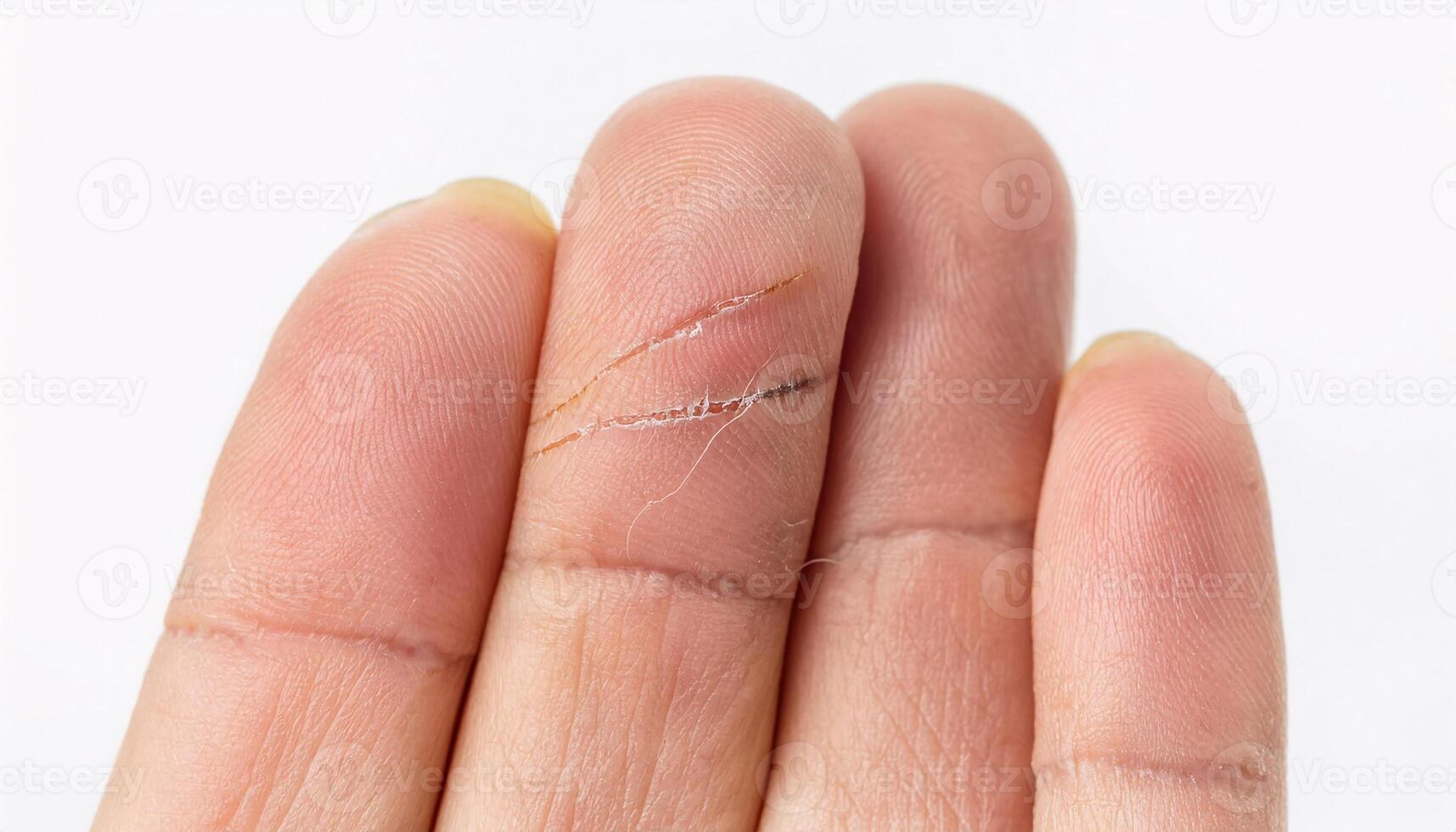 macro shot of a thin scar from a glass laceration on the fingertip, showcasing healing skin texture in isolated white background photo