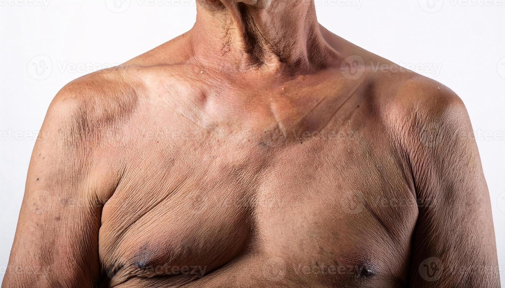 close-up of aged upper chest with visible wrinkles, fine creases, pigmentation, and loose skin texture on isolated white background photo