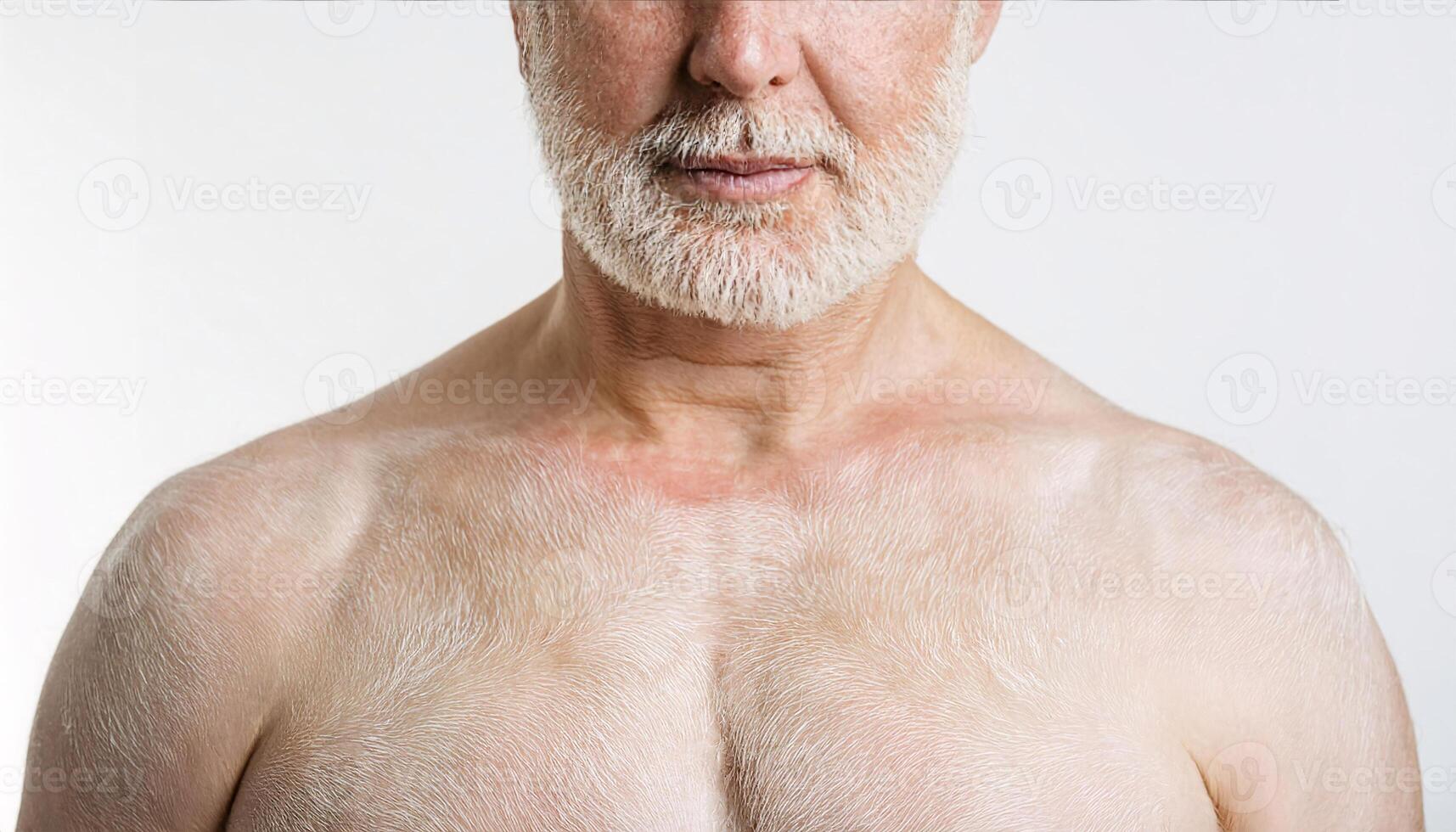 close-up of mature male with albinism showing pale skin texture, white beard, and distinct features on white background for medical and educational use photo