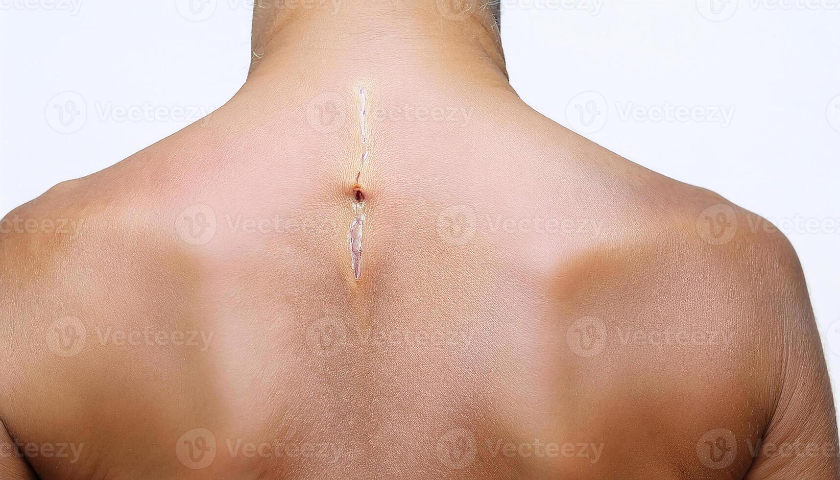 macro image of a scar on the upper back caused by a fishing hook, small but noticeable, showing healing process and detailed skin texture in isolated white background photo