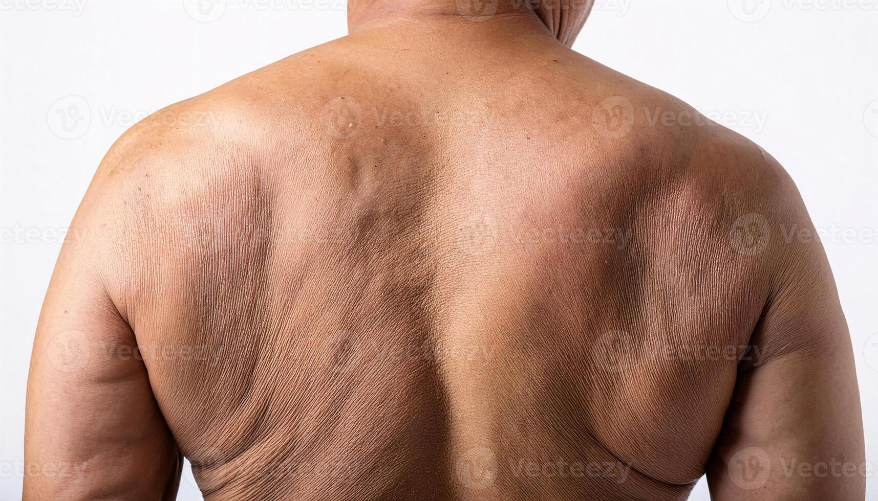 close-up of sagging skin on the back with natural folds and uneven texture in isolated white background photo