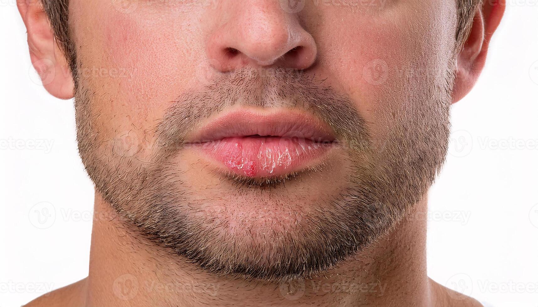 detailed view of a cold sore on the lower lip with redness and dry patches, isolated on a clean white background photo