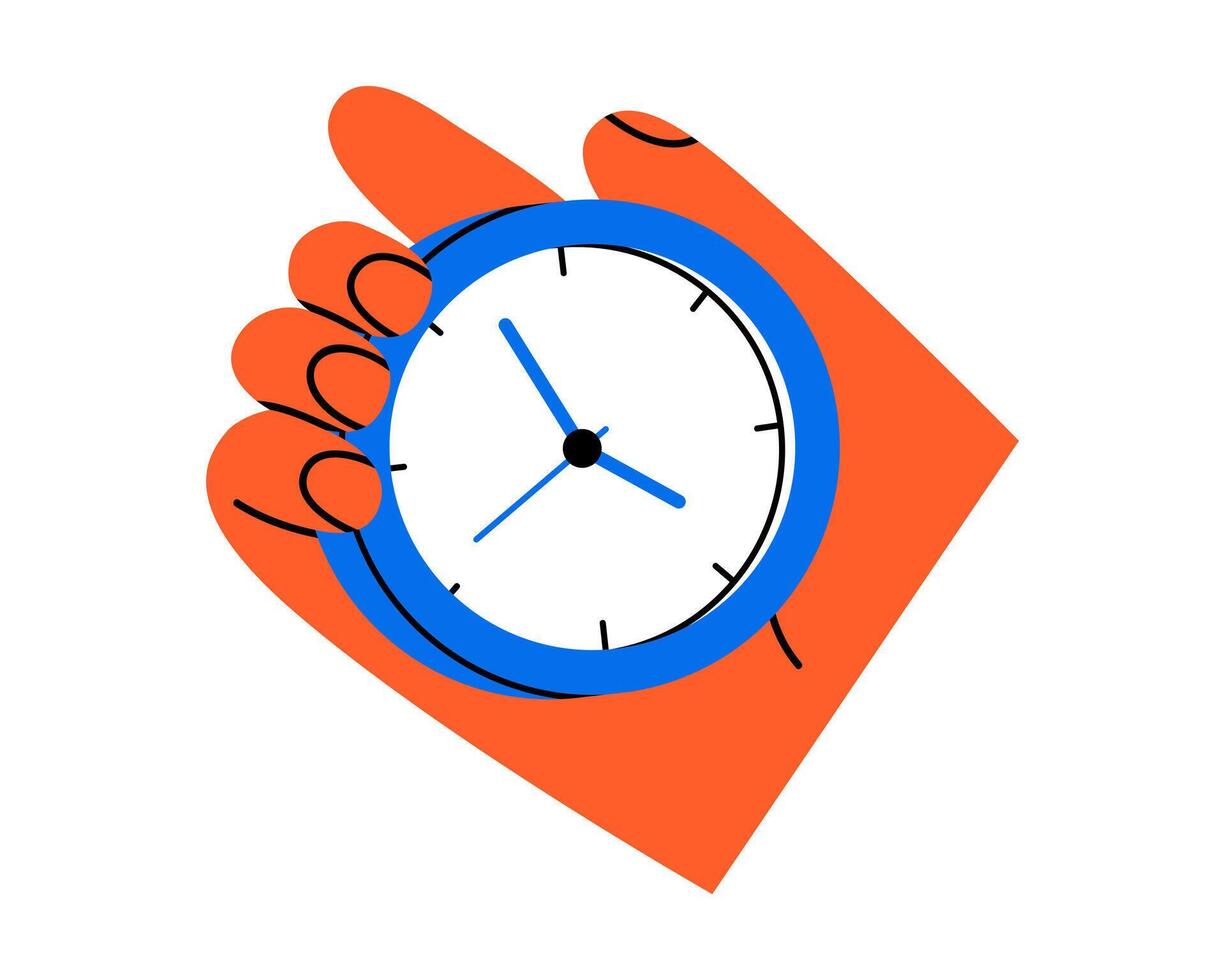 Hand drawn cute cartoon illustration hand holding wall clock with dial. Flat time countdown device in arm doodle. Education or study sticker, icon. Time management. Deadline timer. Isolated. vector