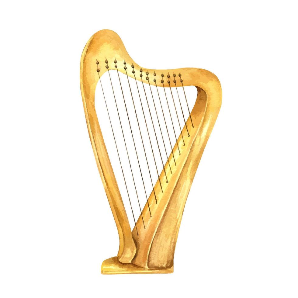 Watercolor classical wooden Celtic Irish harp string illustration. St Patrick day Musical instrument element for jazz festival design. carnival cards, design vector