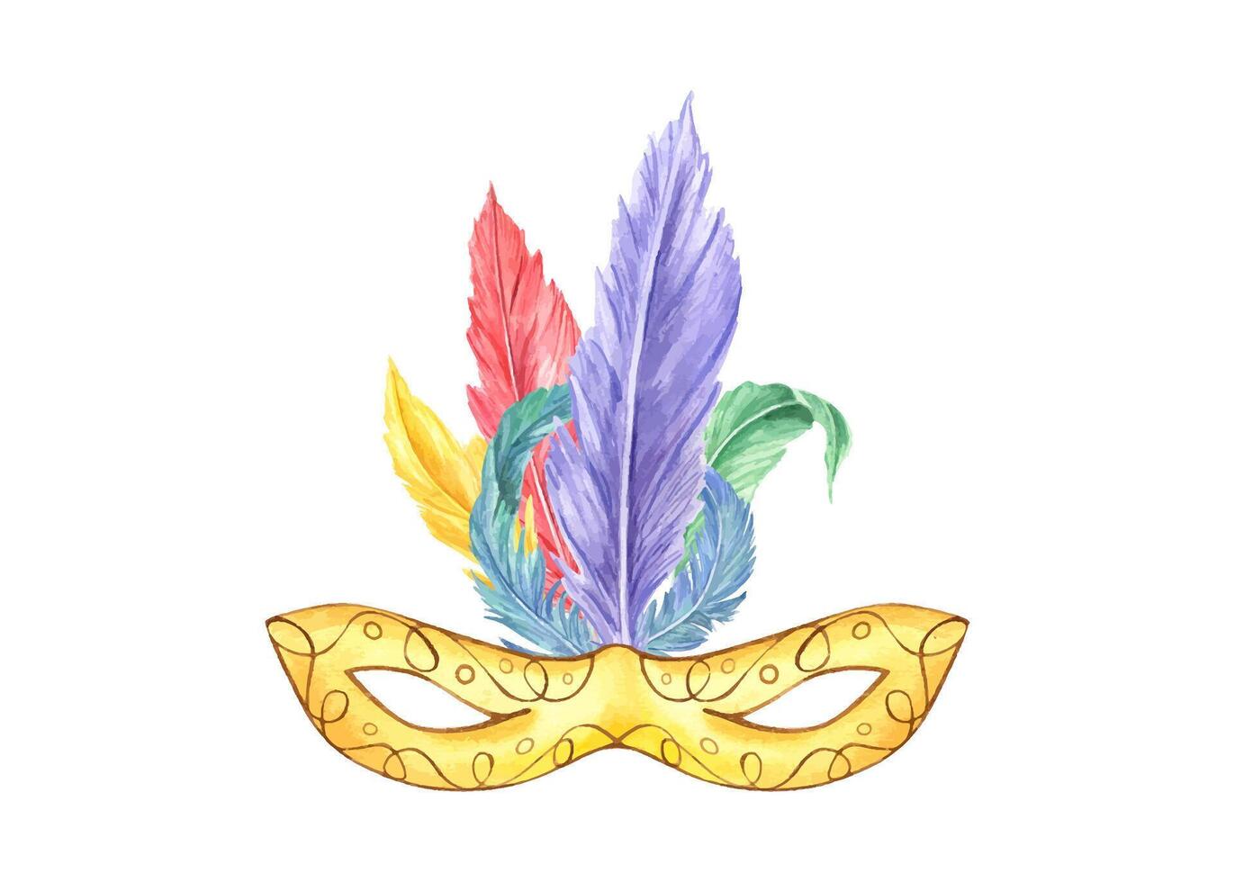 Watercolor yellow carnival mask with golden ornament and pastel colorful bird feathers illustration. Mardi gras festival masquerade attribute for holiday parade greeting cards, poster, invitation card vector