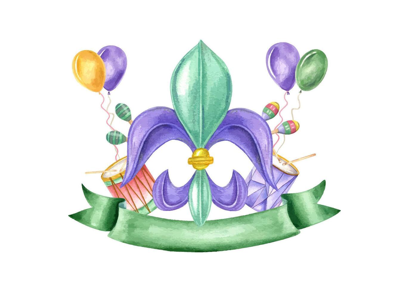 Watercolor Mardi gras fleur de lis symbol with balloons, musical instruments and green banner for text illustration. Carnival emblem for New Orleans parade invitation, greeting card vector