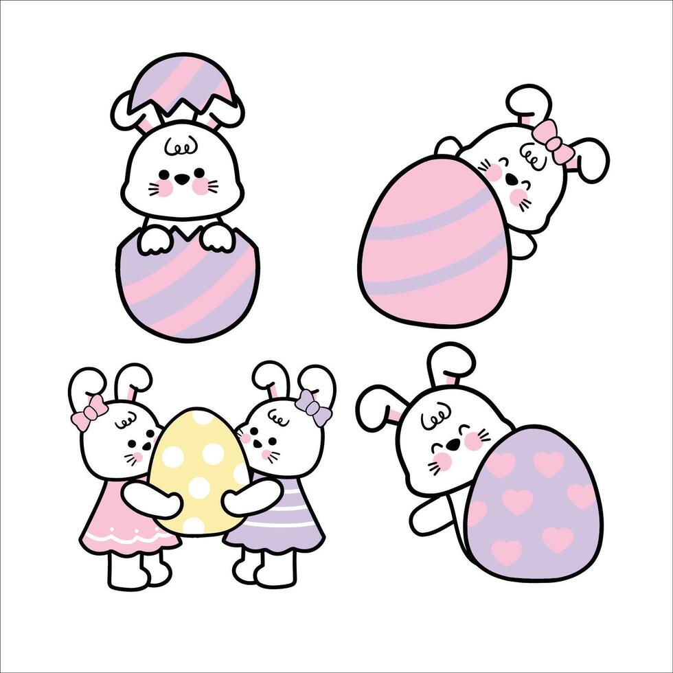 Set Cute Bunny with Easter Egg Illustration vector