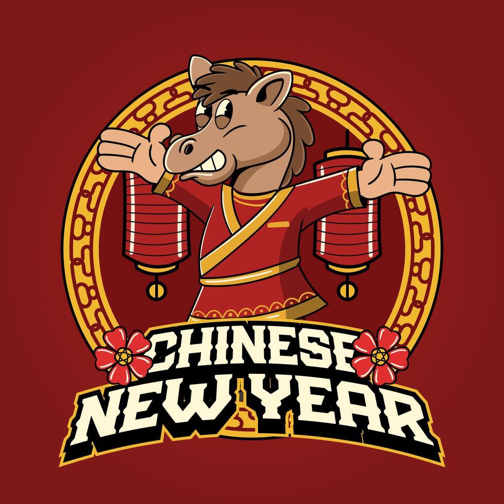 Chinese New Year Horse Zodiac Cartoon Character in Retro Vintage Illustration for sticker, poster, flyer, brochure, invitation, greeting card, banner vector