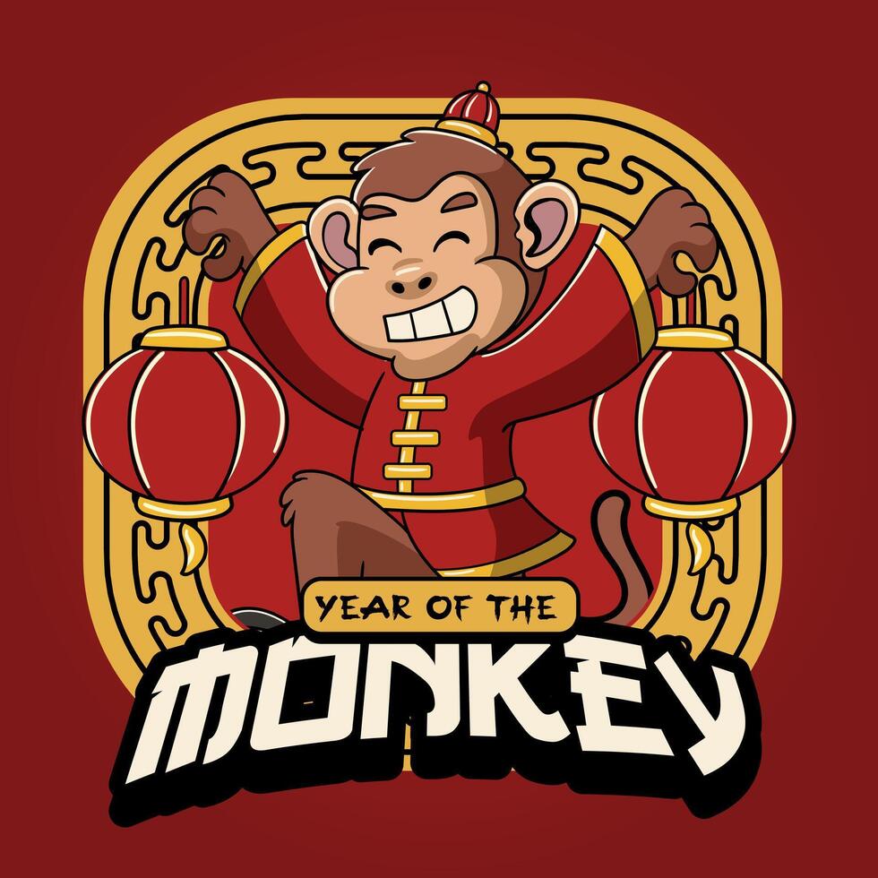 chino nuevo año mono zodíaco dibujos animados personaje en retro Clásico ilustración vector