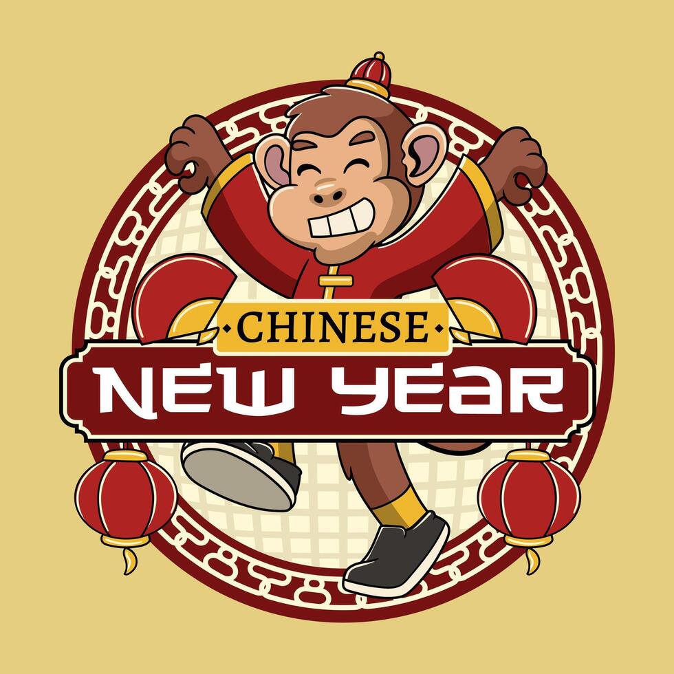Chinese New Year Monkey Zodiac Cartoon Character in Retro Vintage Illustration for sticker, poster, flyer, brochure, invitation, greeting card, banner vector