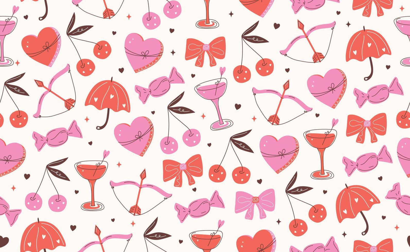 Valentine's day seamless pattern. Hand drawn groovy cartoon sticker elements. Funky Saint Valentine design in flat style. 14 February coquette collection with heart, cherry, bow. Isolated vector