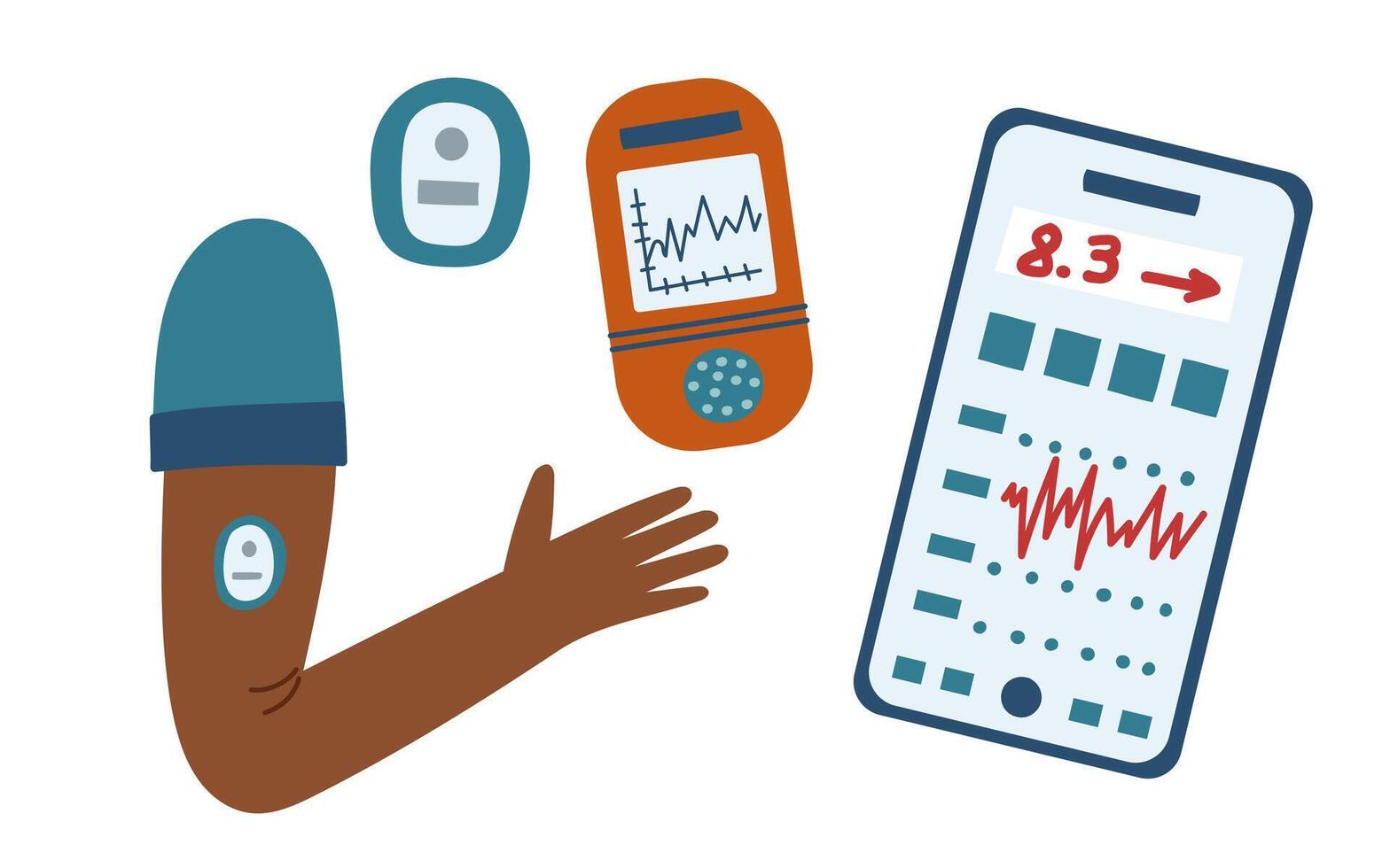 Concept of diabetes monitoring and healthcare. Medical equipment set for measuring sugar level and insulin injections. Insulin pump, glucometer, phone and human hand. vector