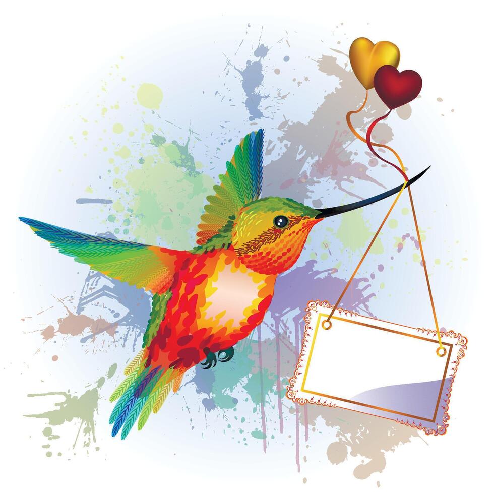 Rainbow humming-bird with card for text, gold and red hearts, on the splash background vector