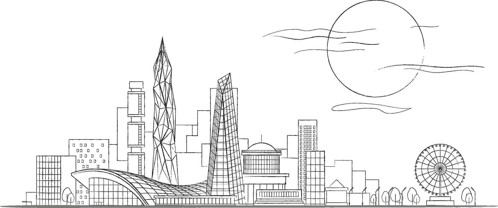Linear Sketch of Modern Cityscape Black and White Background with Scyscrapers and Multistory Modern Buildings and Ferris Wheel, Trees and Lanterns. Frontal Panoramic View vector