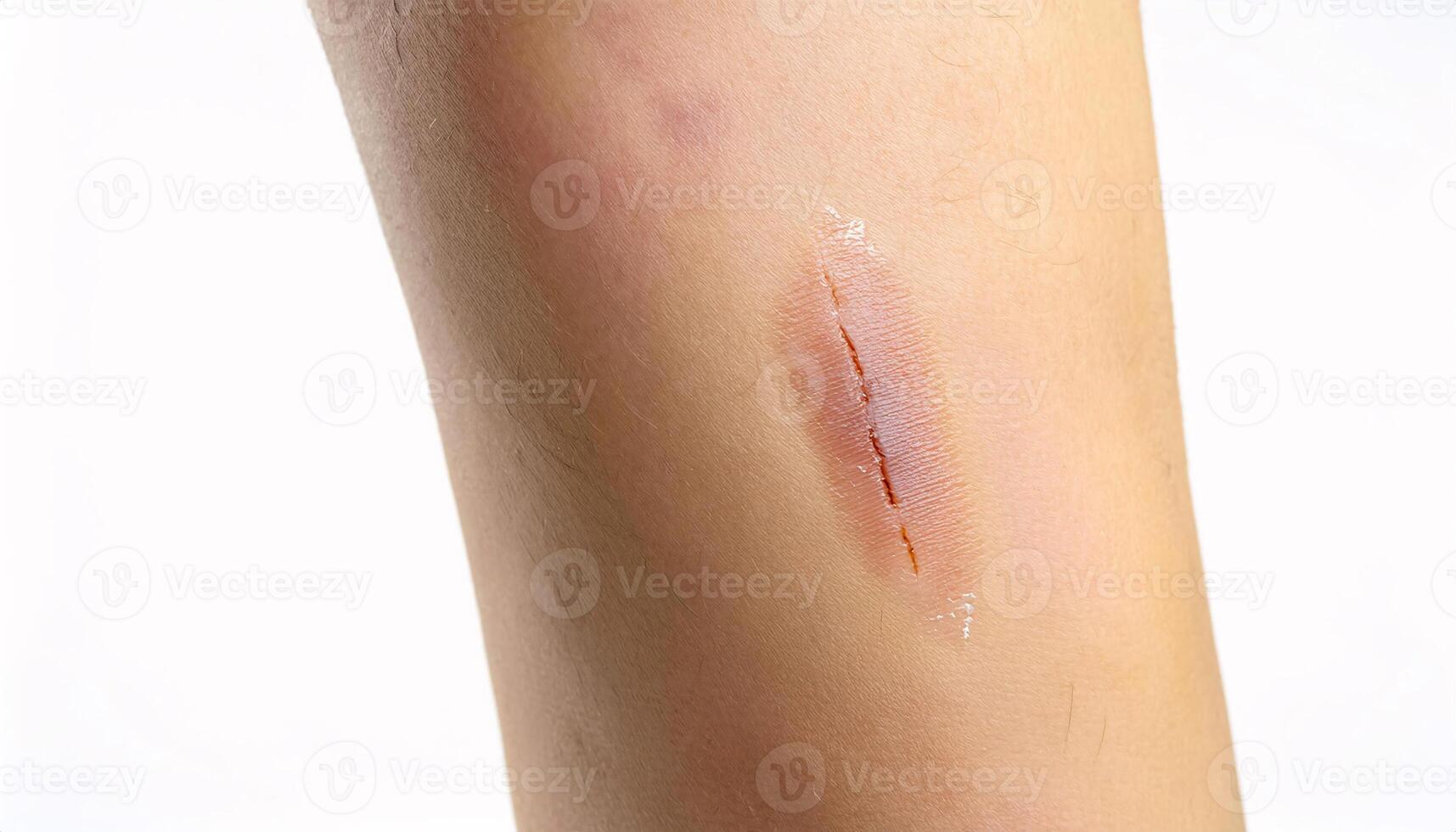 macro image of a scar on the thigh caused by a skateboarding accident, showing healing skin and precise detail in isolated white background photo