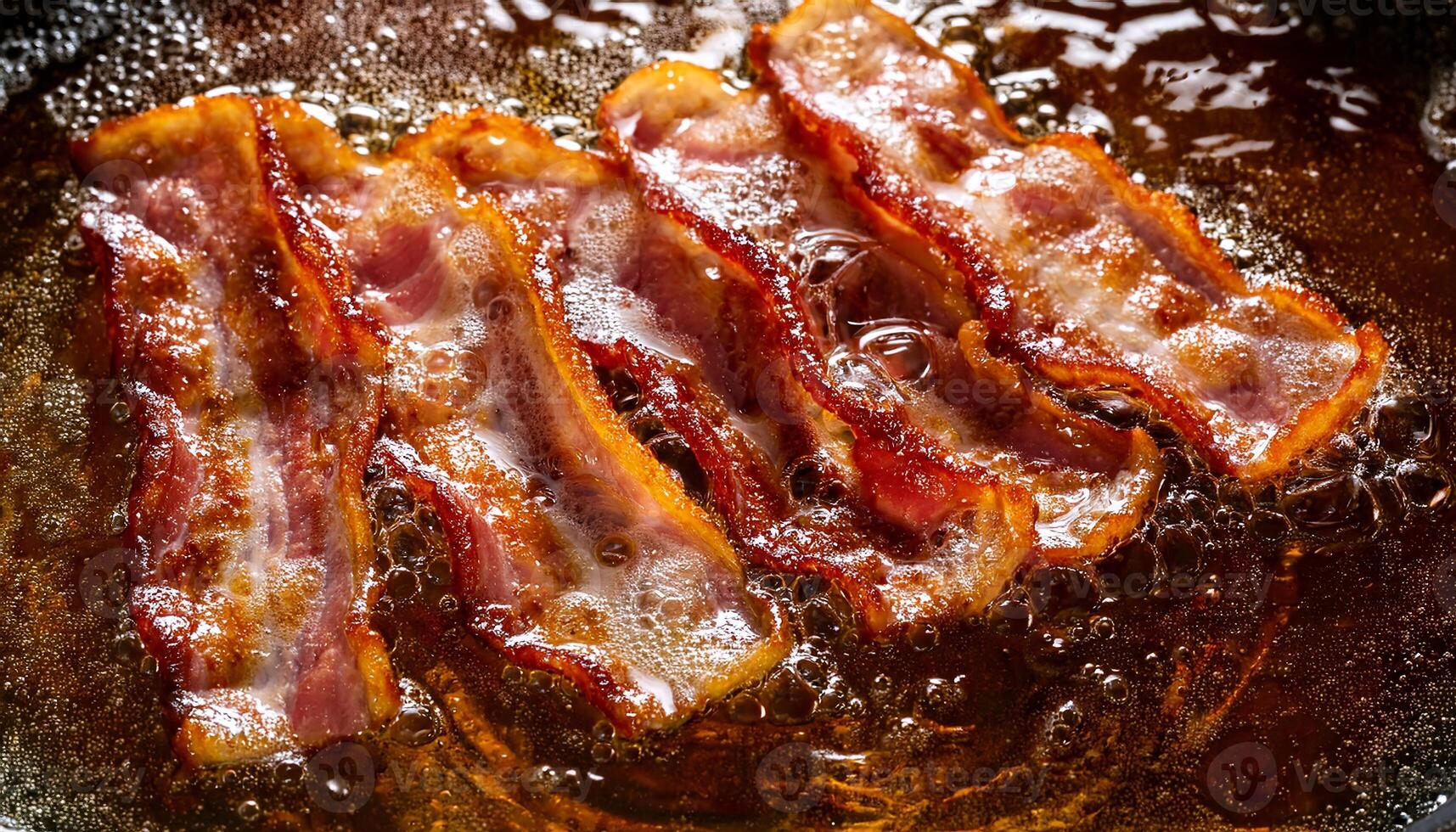 closeup of crispy bacon strips sizzling in hot oil with golden edges and bubbling textures photo