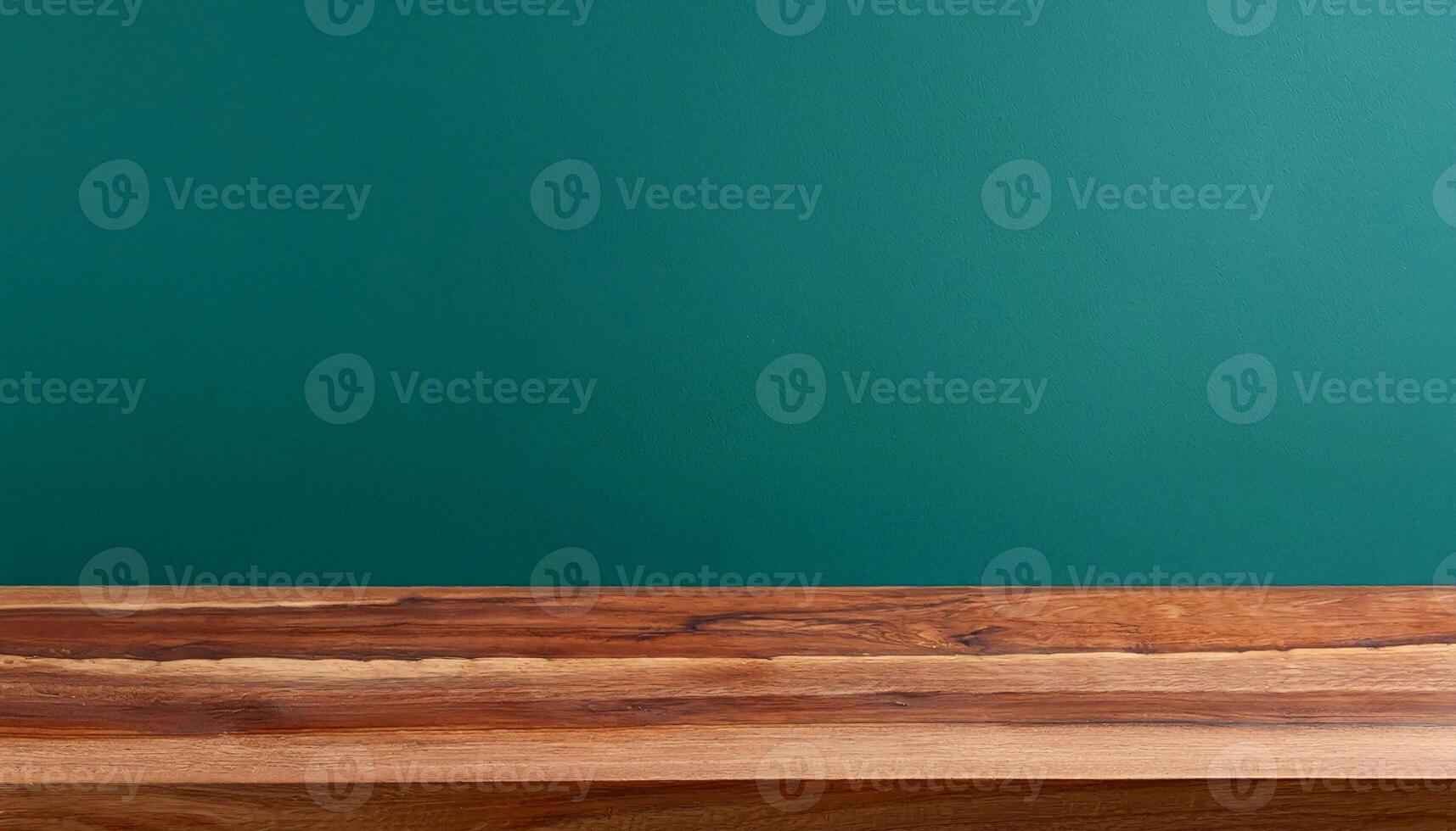 mid-century modern wooden table with rich wood grain and teal green background for retro-inspired mockups or design presentations photo