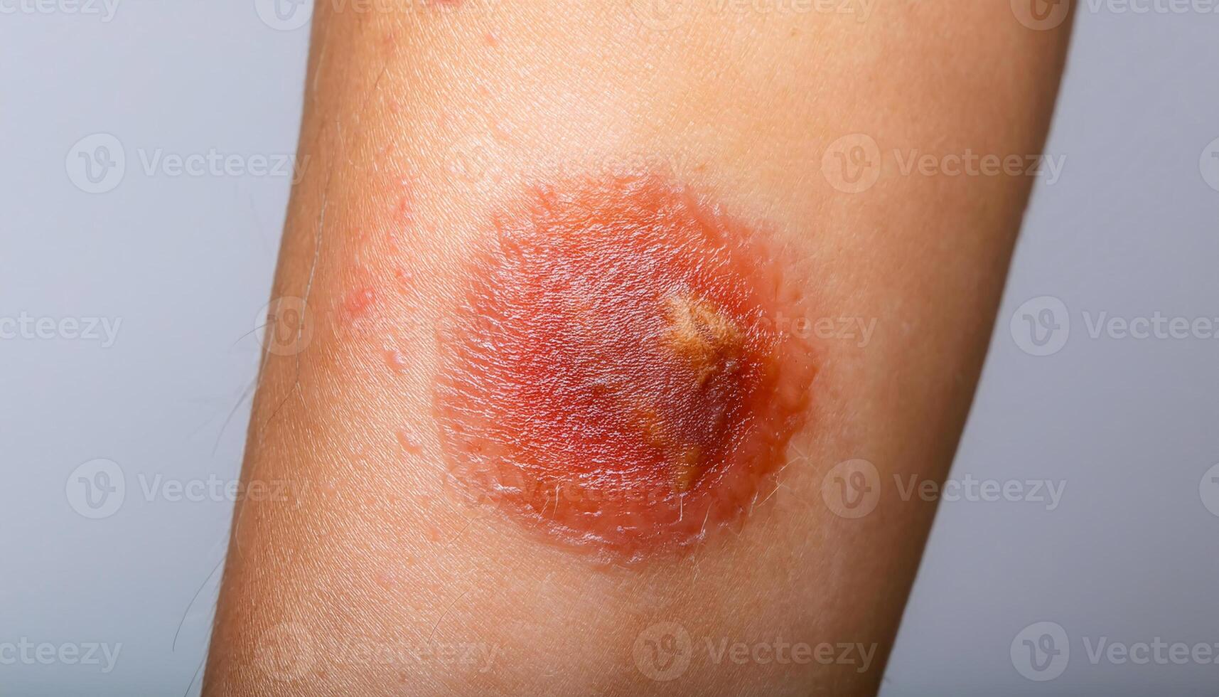 detailed close-up of ringworm lesion on the forearm showing a red circular patch with inflamed edges and scaly center photo