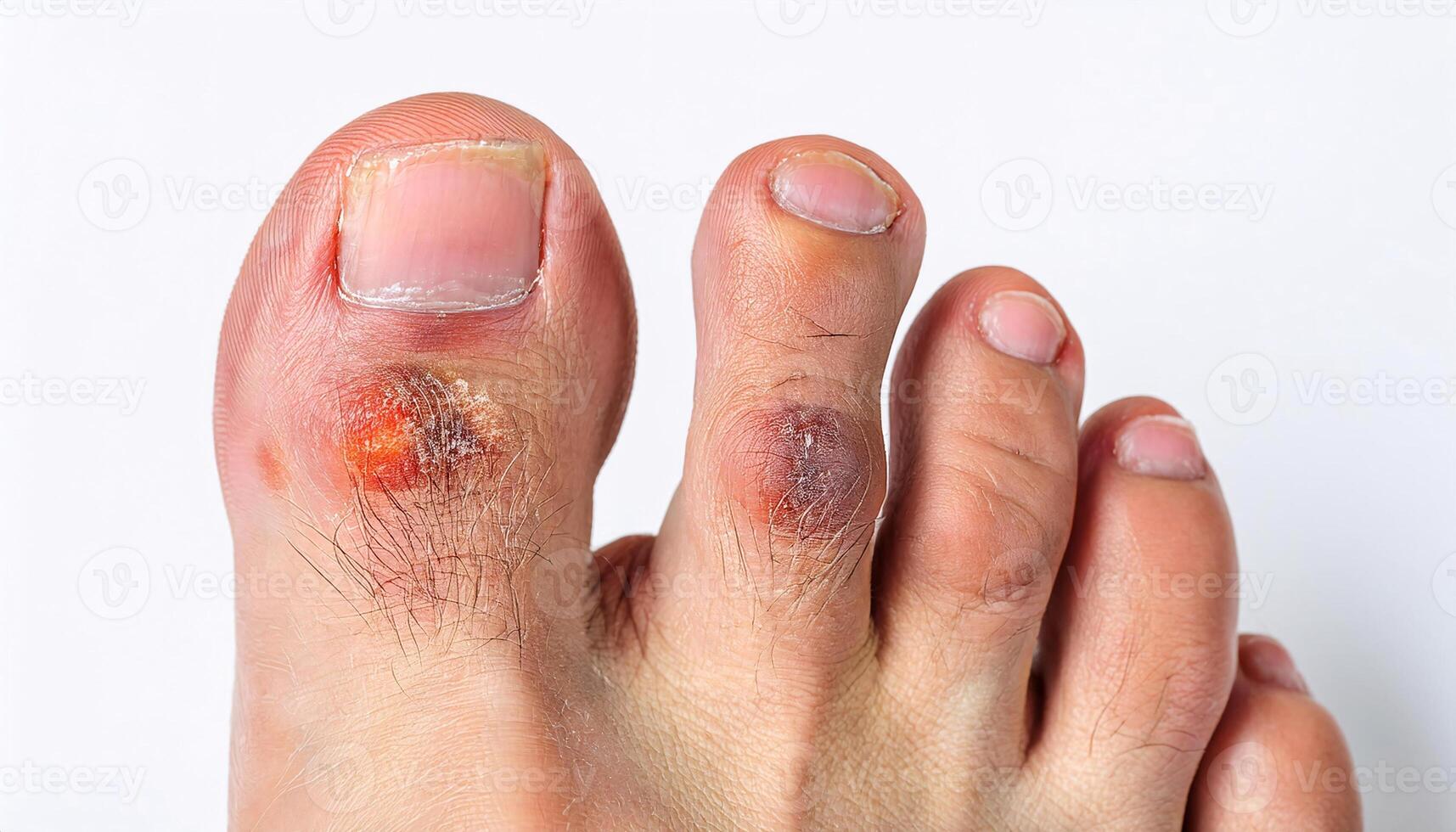 detailed close-up of chilblains on toes with swollen, red, and itchy skin showing cracked and inflamed areas on a white background photo