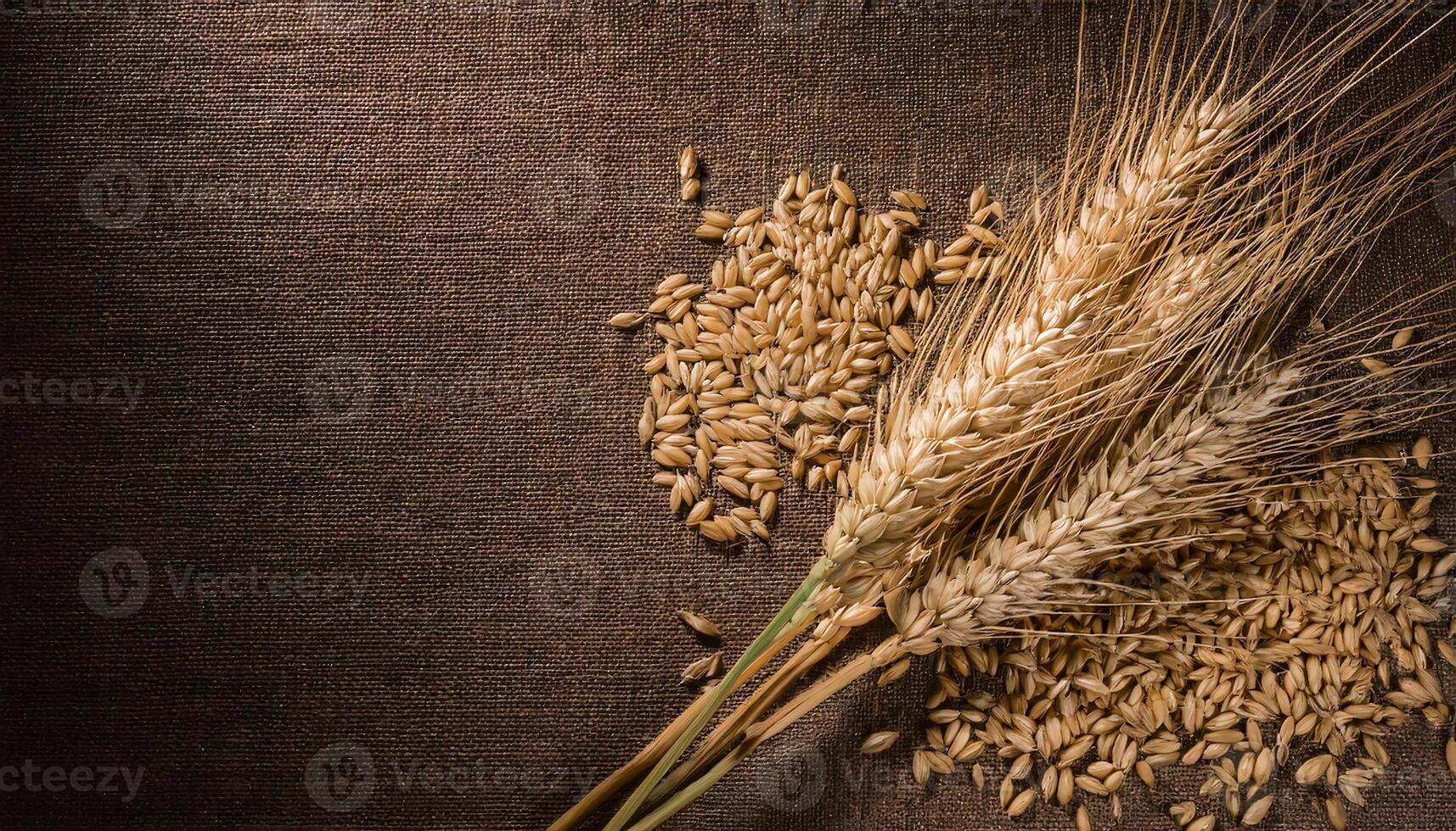 high-resolution photo of golden wheat stalks and scattered wheat grains on a textured brown fabric background, ideal for agriculture, farming, and rustic designs