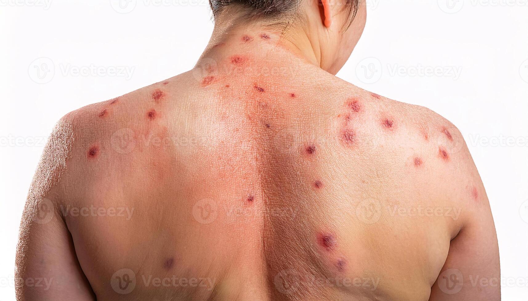 close-up of a heat rash on the back, showcasing red bumps, skin irritation, and sweat effects for medical and dermatological purposes photo
