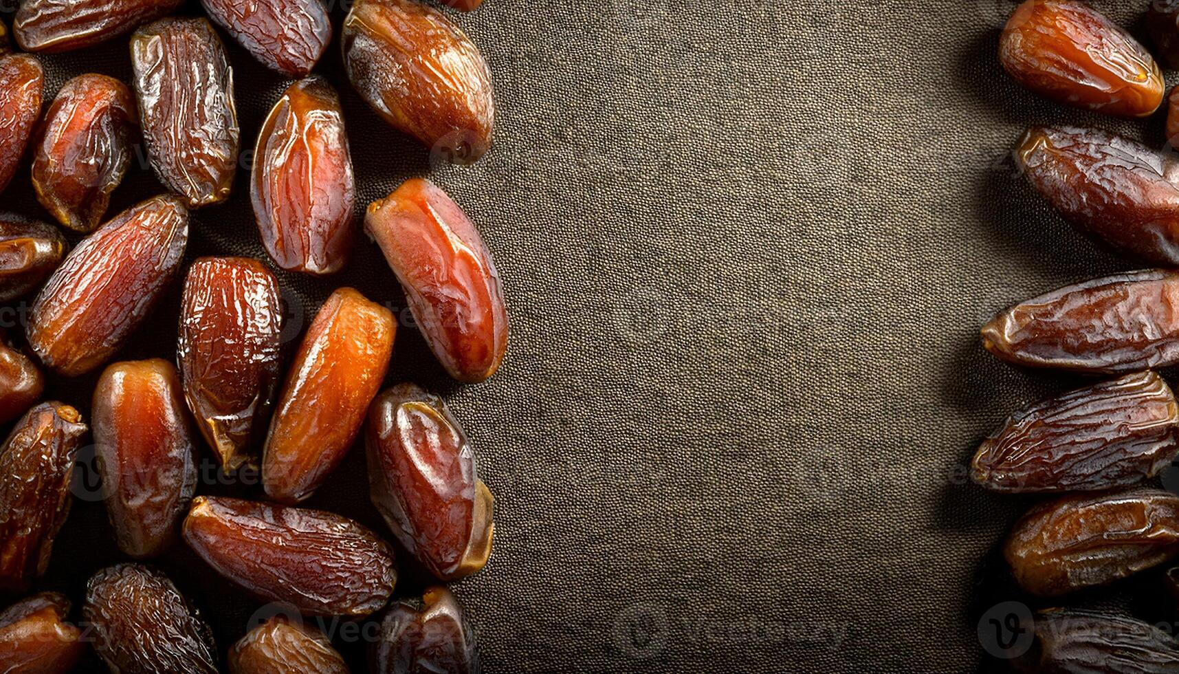 top-down view of dried organic dates arranged symmetrically on burlap fabric with empty center space for rustic food presentation photo