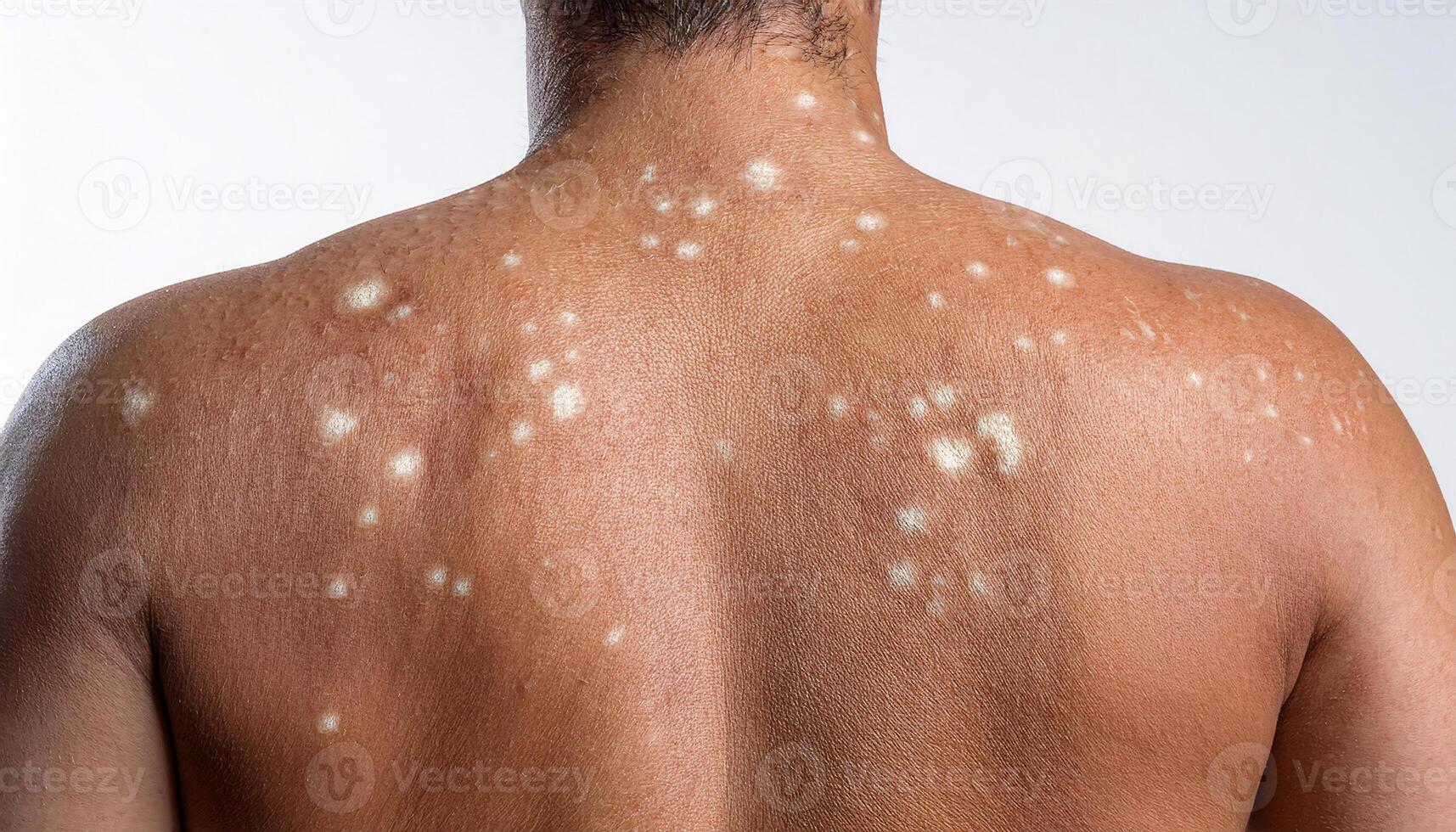 macro image of tinea versicolor showing white spots on tanned back skin, detailed dermatological condition, isolated on white background photo