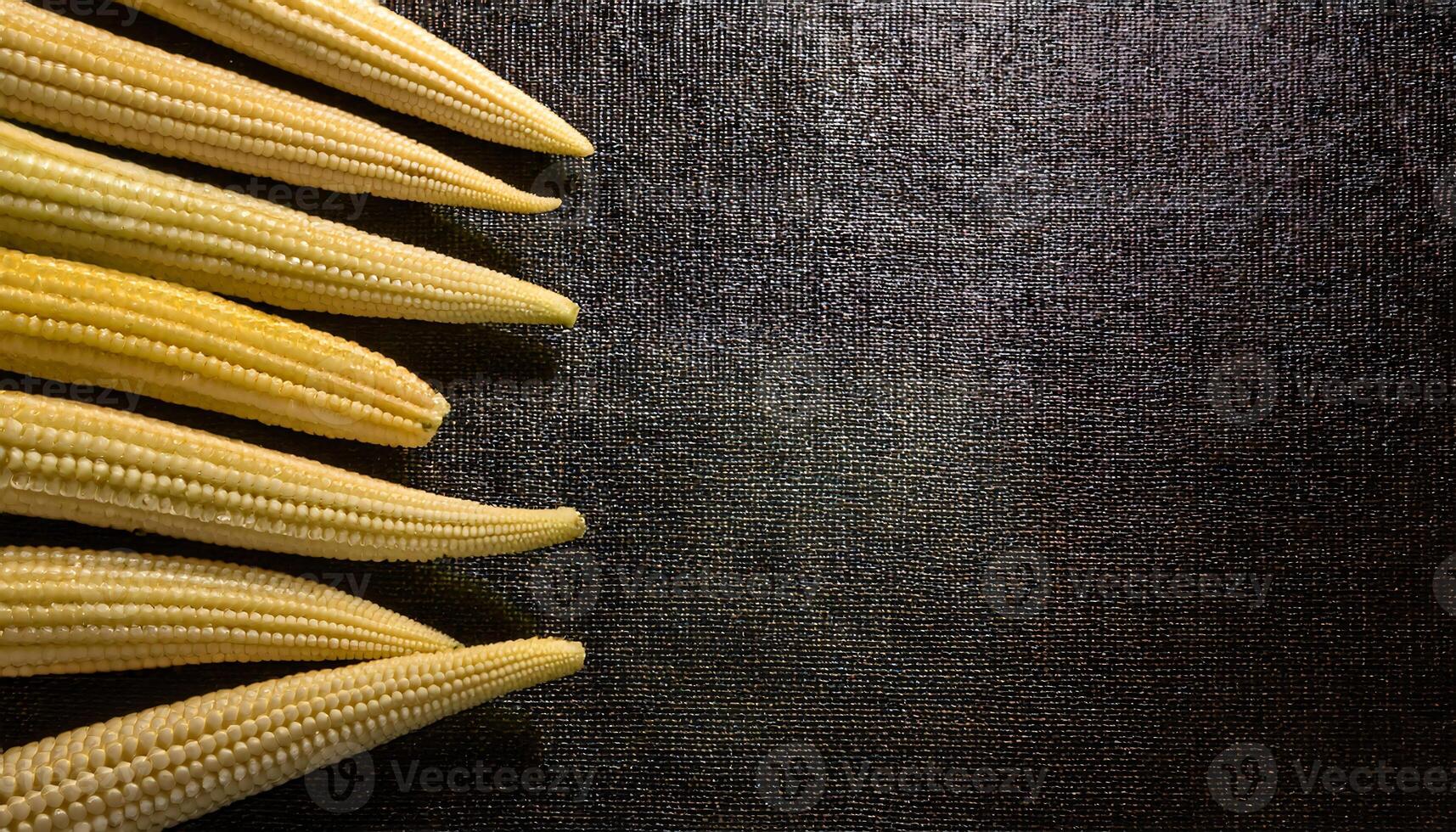 close-up of fresh baby corn arranged on a black textured background, perfect for food, farming, and healthy lifestyle themes photo