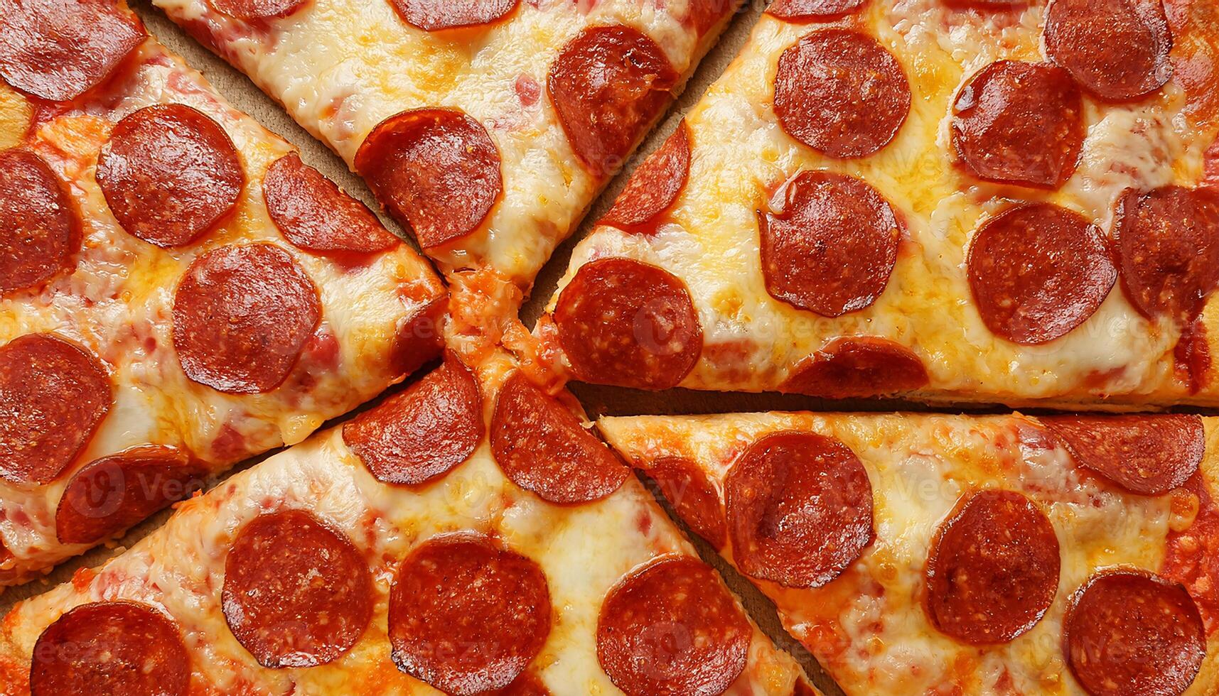 triangular slices of pepperoni pizza with melted cheese arranged in a circular pattern photo