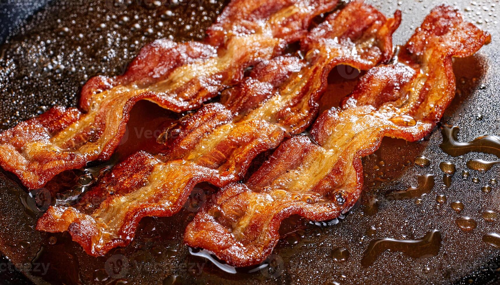closeup of crispy sizzling bacon strips frying in hot oil with golden brown edges and glossy textures photo